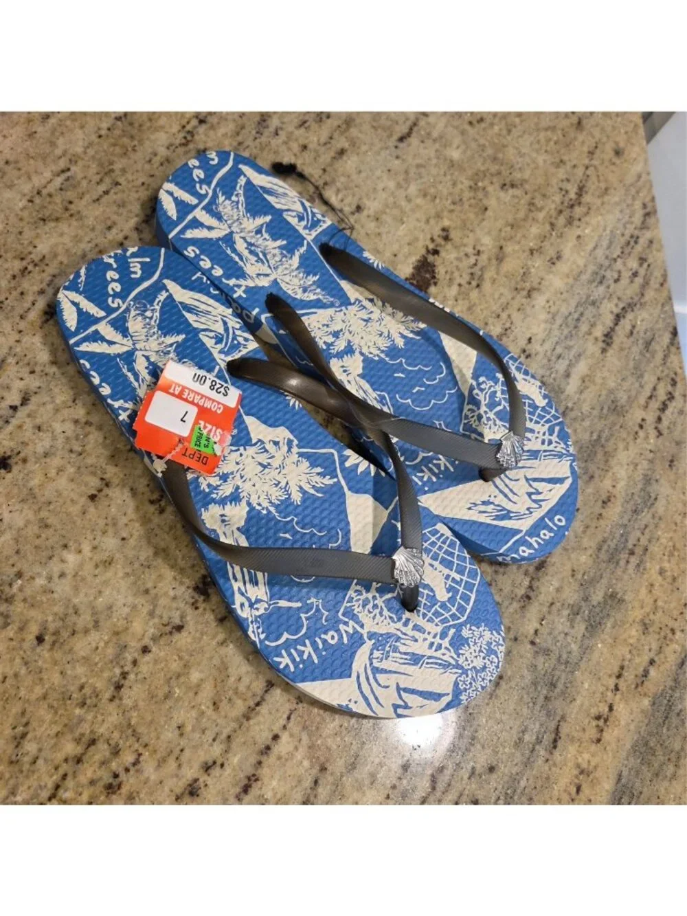 New! Tommy Bahama Womens Sz 7 Blue Flip Flops Silver Shell Waikiki Hawaii Mahalo